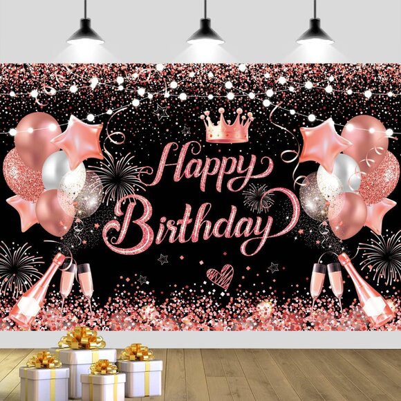 NEW Rose Gold Happy Birthday Party Balloon Photo Background Decor Wall Tapestry - Picture 1 of 5